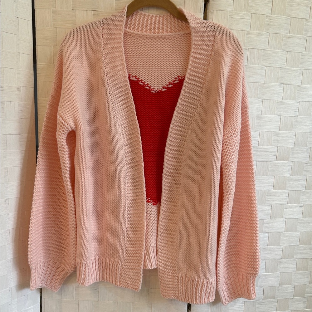 Pink Open-Front Knit Cardigan with Red Heart Detail